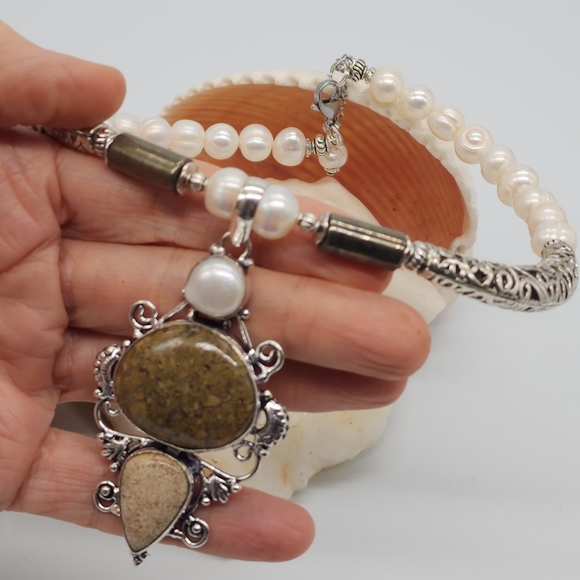 Genuine Stones Natural Pearl/Jasper/Coral Fossil Silver Pendant Necklace - Picture 7 of 11